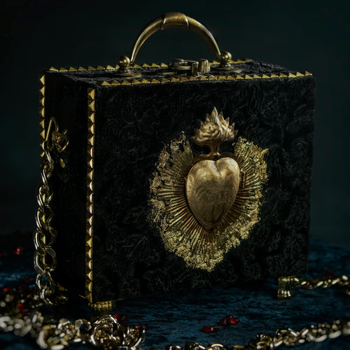 Gold Sacred Heart on black velvet handbag
